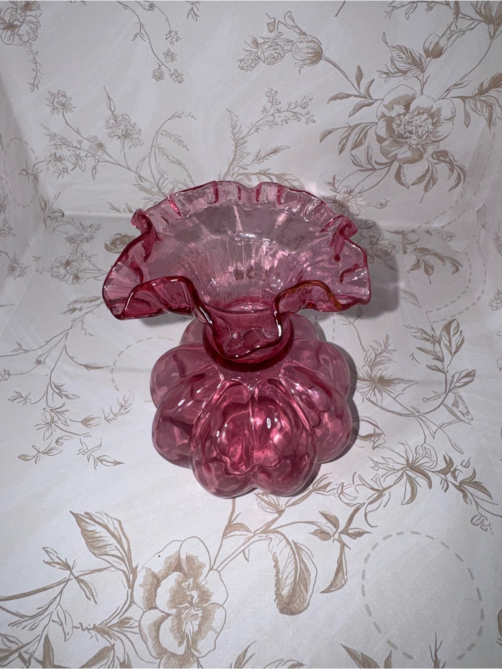 Fenton Cranberry Pink Ruffled Art Glass Vase - Picture 2 of 2